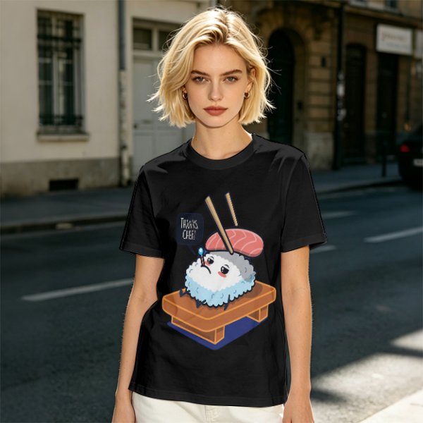 Olive T-Shirt With Sad Sushi Character Saying Thanks Chef Print