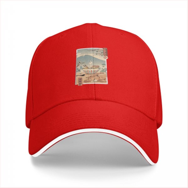 Black Baseball Cap with Ukiyo-e Style Ramen and Mount Fuji Art