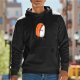 Black hoodie with cute hugging salmon sushi rice character print