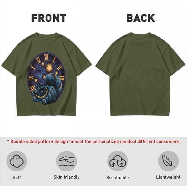 Olive T-Shirt with Cheshire Cat Clock Art Print