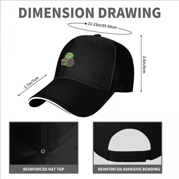 Black Baseball Cap With Cute Turtle Holding Coffee Cup Print