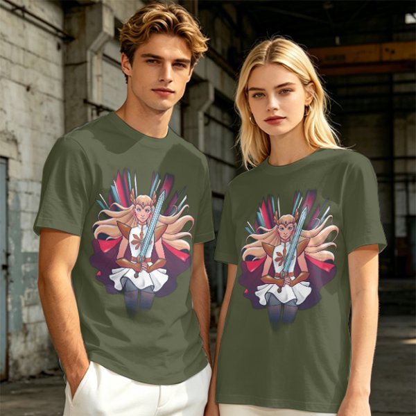 Olive T-Shirt Featuring Fantasy Warrior Princess With Sword Art