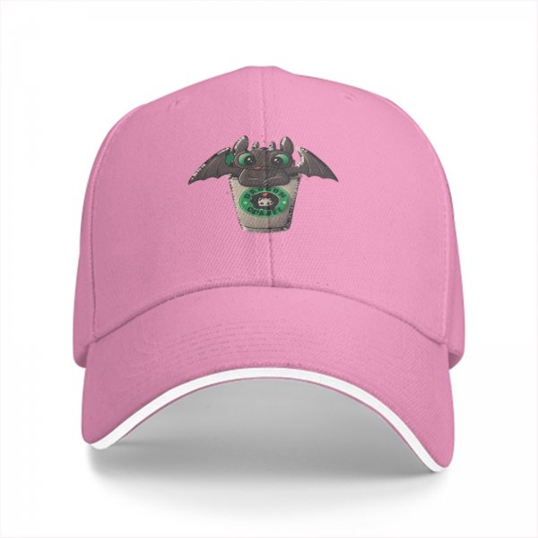 Black Baseball Cap With Toothless Dragon Coffee Cup Print