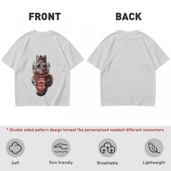 Olive t-shirt with a cartoon cat and coffee cup graphic