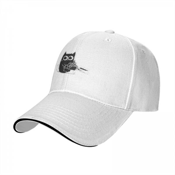Black Baseball Cap With Cute Cat Holding Chainsaw Purr Print