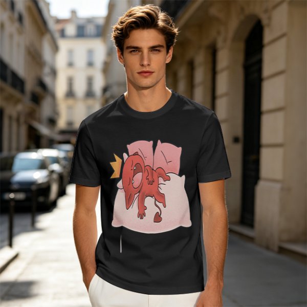 Olive T-Shirt With Cute Red Imp Yawning On Pillows Print