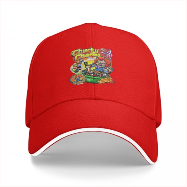 Black baseball cap with Chucky Charms horror cereal graphic