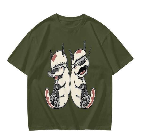 Olive T-Shirt With Two Sleepy Sky Bison Character Prints