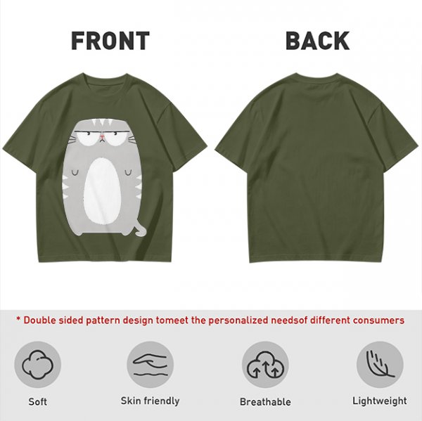 Olive Green T-Shirt With Grumpy Chubby Gray Cat Graphic