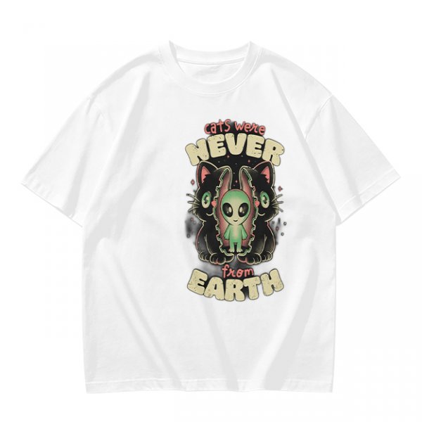 Olive green graphic t-shirt with 'cats were never from earth' alien and cat print
