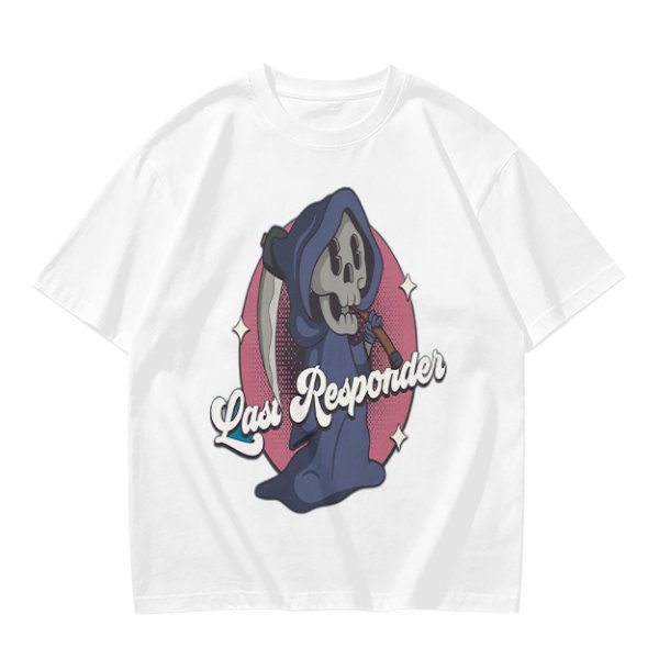 Olive T-Shirt with Cartoon Grim Reaper 'Last Responder' Print