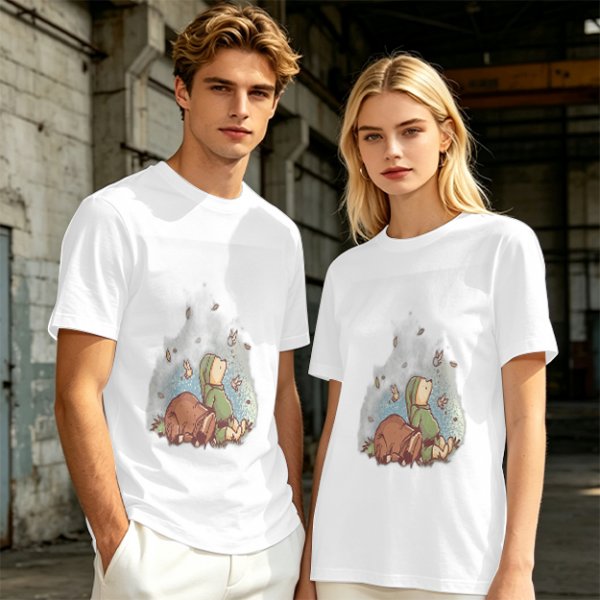 Olive green t-shirt with whimsical elf and dog artwork