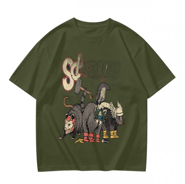 Olive Green T-Shirt With Superhero Animal Squad Graphic Print