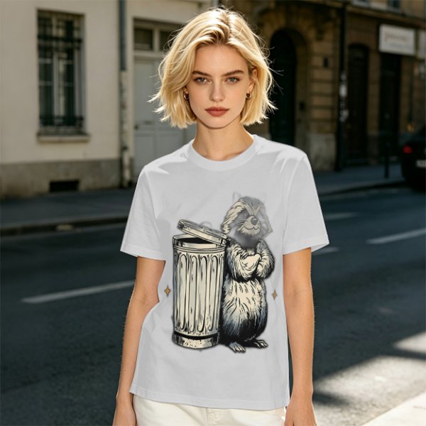 Olive Green T-Shirt With Raccoon Standing Next To Trash Can Graphic
