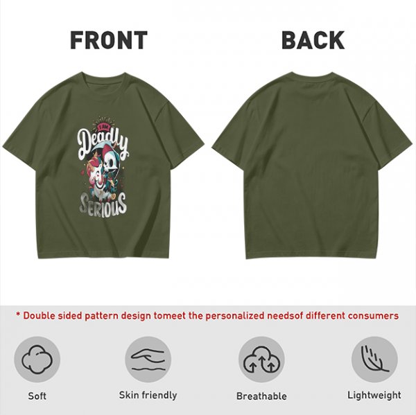 Olive graphic t-shirt with 'I Am Deadly Serious' and unicorn grim reaper art