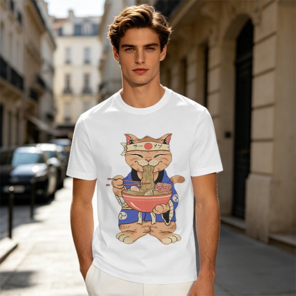 Olive T-Shirt Featuring a Cat in a Headband Eating Ramen