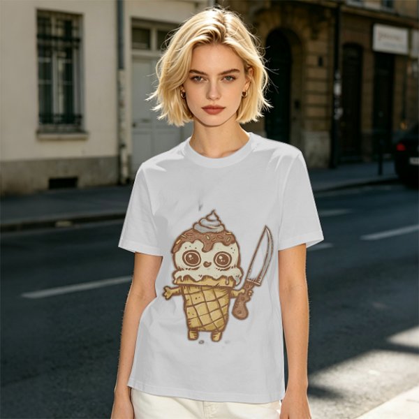Olive T-Shirt With Cute Ice Cream Cone Holding Knife Print