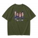 Olive T-shirt with Cartoon Group of Four People and Bowls Print