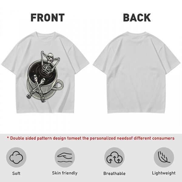 Olive T-shirt with skeleton relaxing in coffee cup graphic