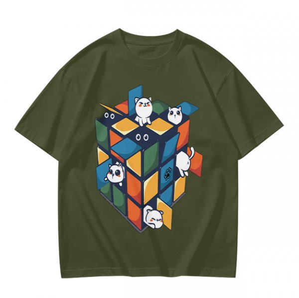 Olive T-Shirt With Cute Cats On A Rubik's Cube Graphic