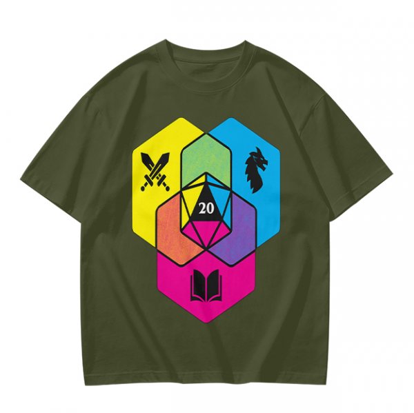 Olive T-Shirt With D20 And Fantasy RPG Themed Hexagon Art