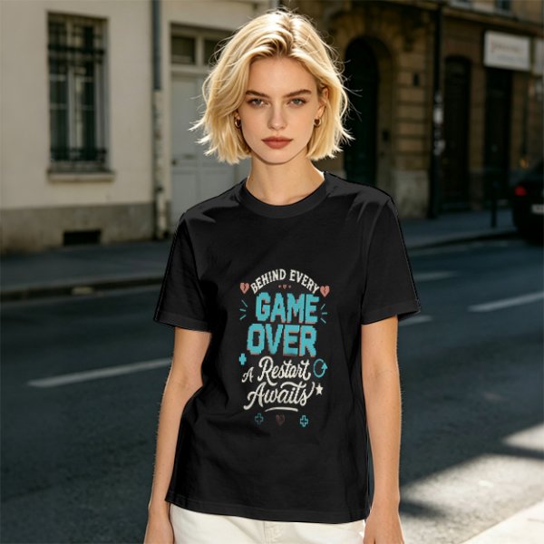 Olive t-shirt with 'Behind Every Game Over A Restart Awaits' gaming print