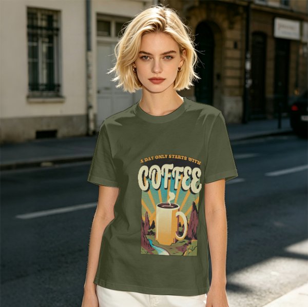 Olive Graphic T-Shirt With Coffee And Mountain Sunrise Design