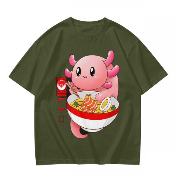 Olive T-Shirt Featuring a Cute Pink Axolotl Eating Ramen