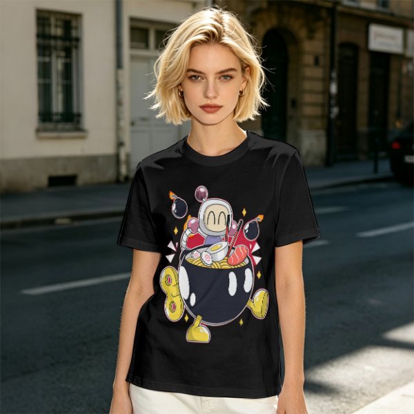Olive T-shirt with Bomberman Character Eating Ramen Print