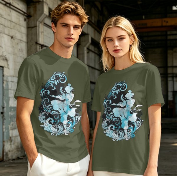 Olive T-shirt with Waterbender Character and Wave Art Print