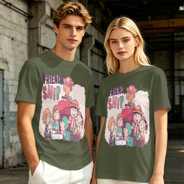 Olive T-Shirt with Friendship Themed Cartoon Crew Print