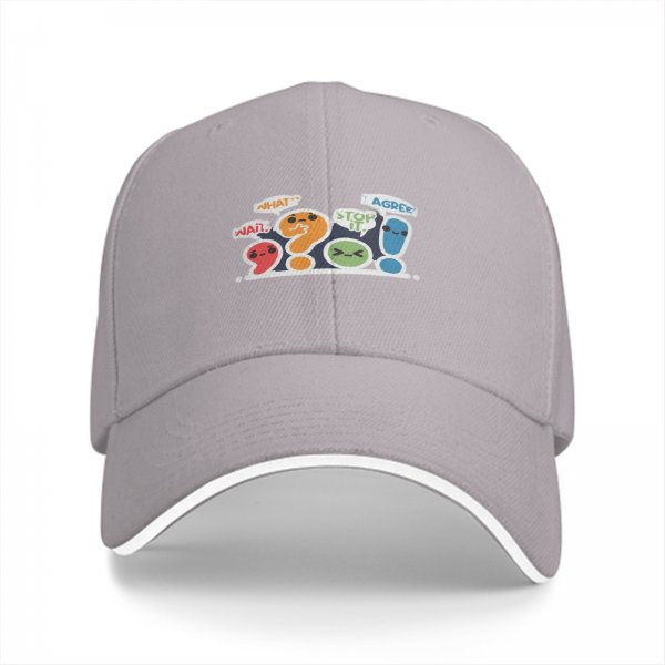 Black baseball cap with cute punctuation characters and speech bubbles