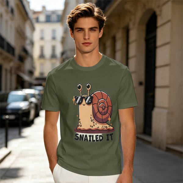 Olive T-Shirt With Cool Snail Wearing Sunglasses 'Snailed It' Print
