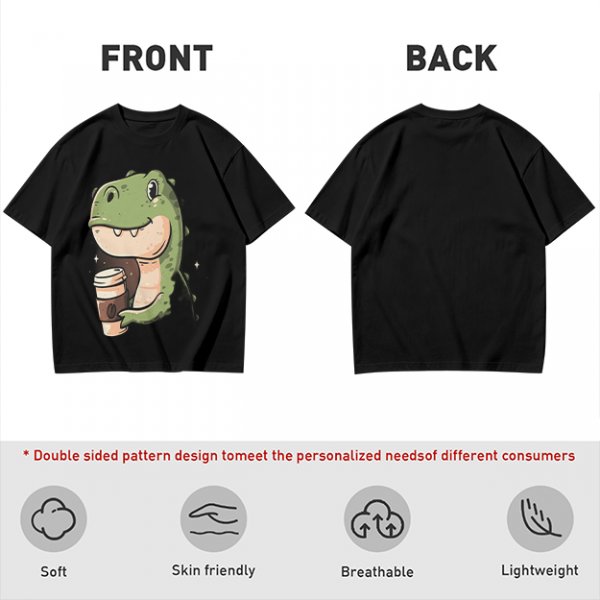 Olive T-shirt with Cute Dinosaur Holding Coffee Print