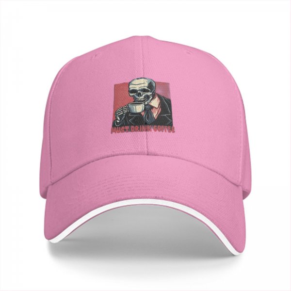Black baseball cap with skeleton drinking coffee must drink coffee print