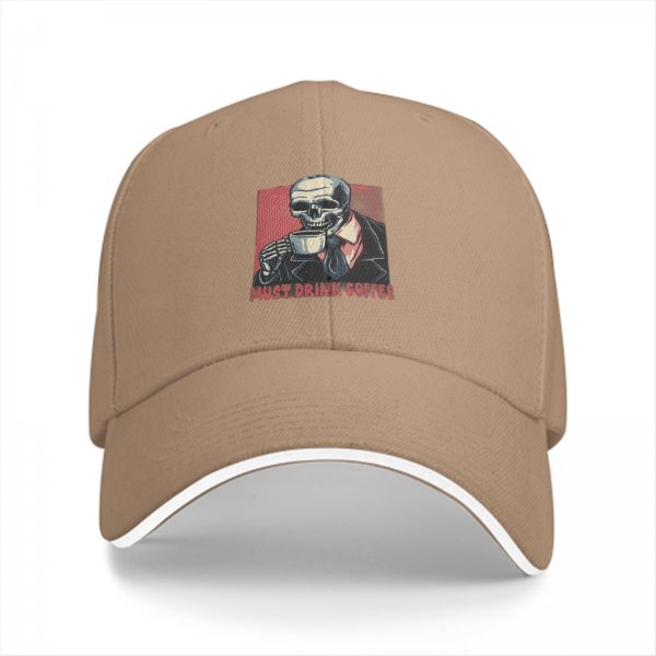 Black baseball cap with skeleton drinking coffee must drink coffee print