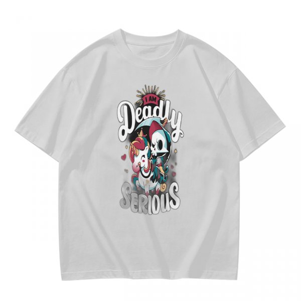 Olive graphic t-shirt with 'I Am Deadly Serious' and unicorn grim reaper art