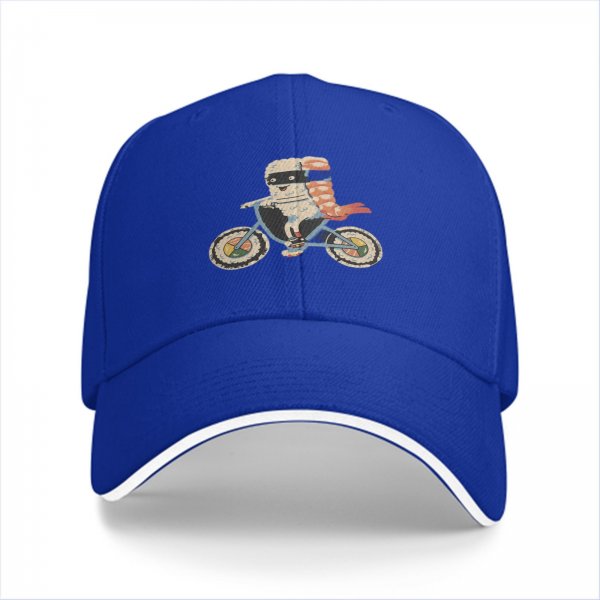 Black baseball cap with sushi ninja riding a bicycle graphic