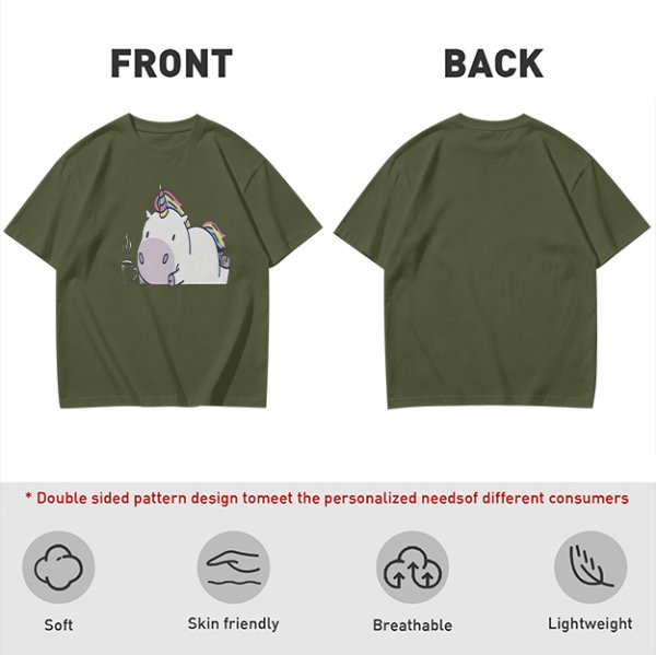 Olive green t-shirt with a chubby unicorn holding a steaming coffee cup