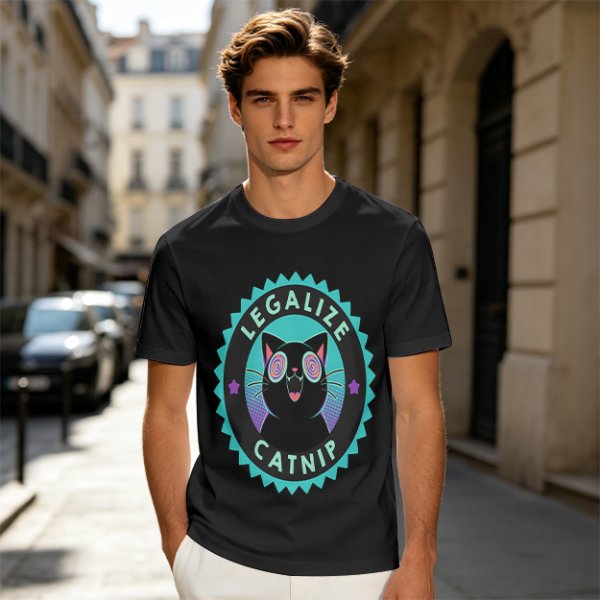 Olive T-Shirt with 'Legalize Catnip' Hypnotic Black Cat Graphic