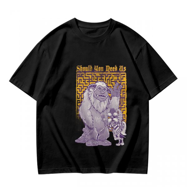 Olive graphic tee with maze and fantasy creatures reading Should You Need Us