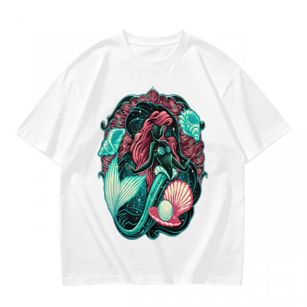 Olive T-Shirt With Mermaid And Seashell Graphic Print