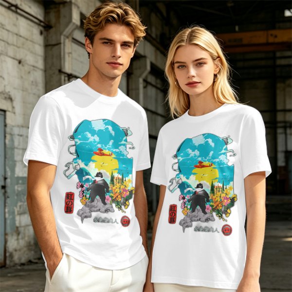 Olive T-shirt with anime pig pilot and seaplane graphic