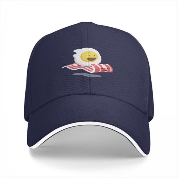 Black Baseball Cap with Smiling Fried Egg and Bacon Print