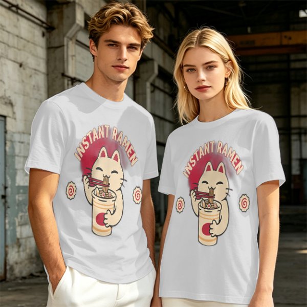 Olive green t-shirt with a cartoon cat eating instant ramen