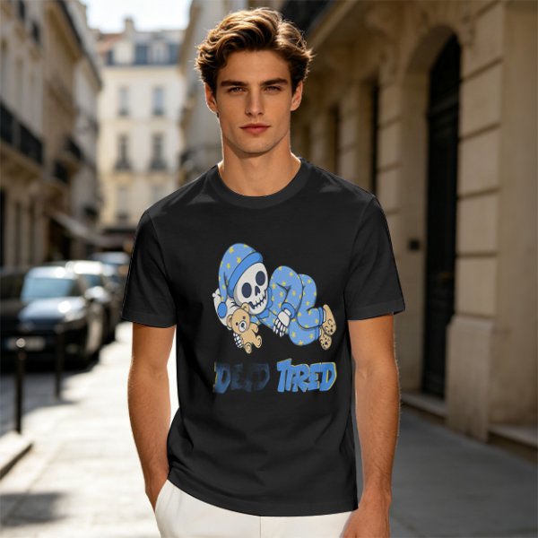 Olive T-Shirt with Sleeping Skeleton in Pajamas 'Dead Tired' Print