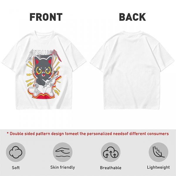 Olive green graphic t-shirt with a cartoon metal cat playing guitar