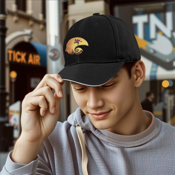 Black baseball cap with Halloween skull moon graphic design