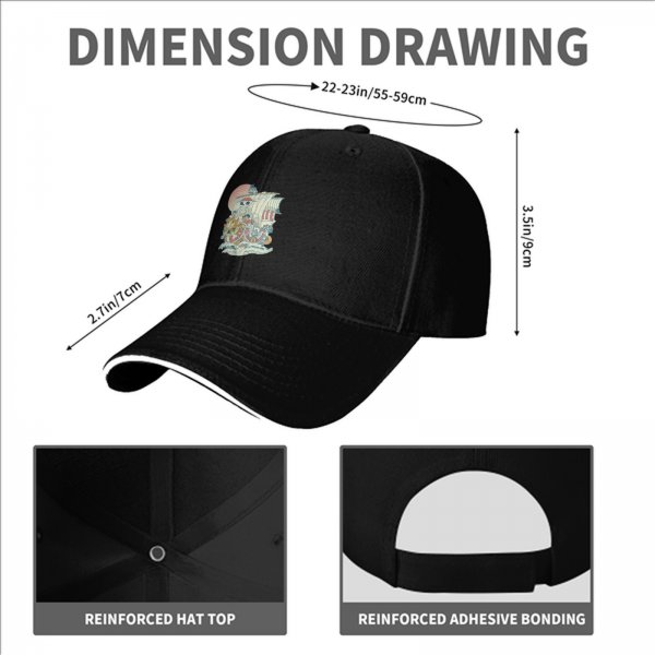 Black Baseball Cap with Anime Pirate Ship Graphic Print