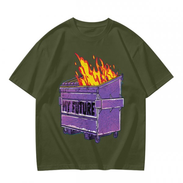 Olive T-Shirt With Burning Dumpster 'My Future' Graphic
